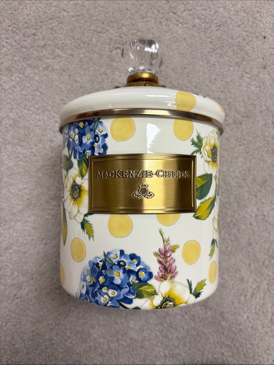 MacKenzie-Childs Other - MacKenzie-Childs Yellow Polka Dot & Blue Floral Canister with Gold Label